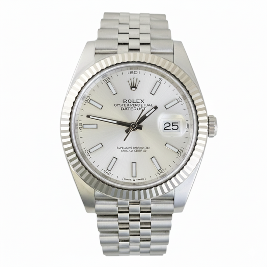 Silver Rolex watch with a white face on a white background