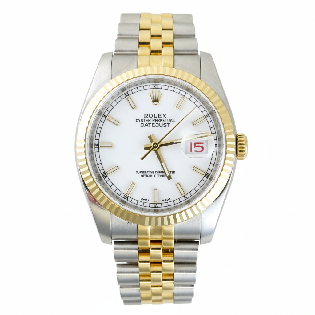 Two-tone silver and gold watch with a white face on a white background