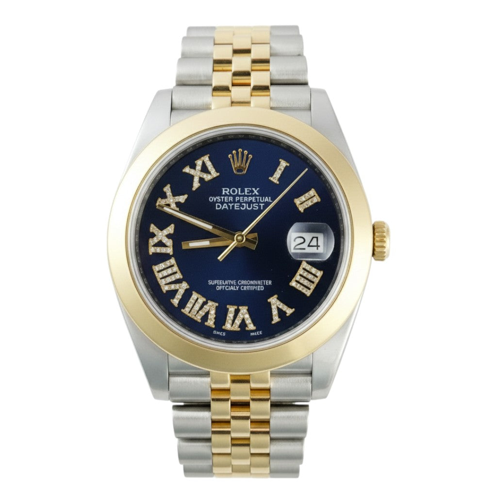 Two-tone Rolex watch with blue dial and gold accents on a white background