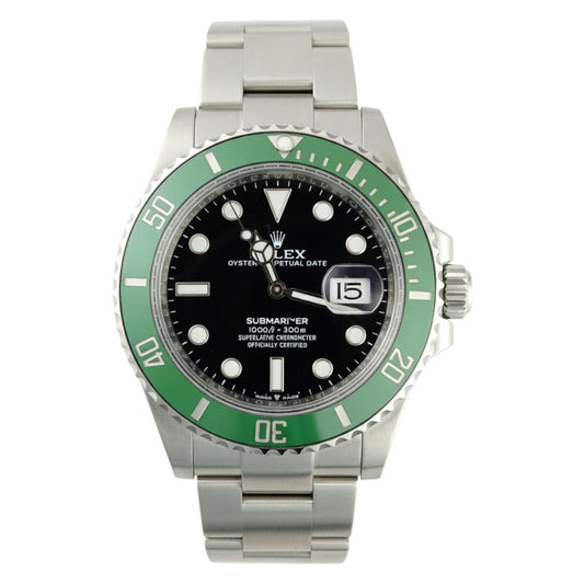 Rolex watch with green bezel and black face on a white background