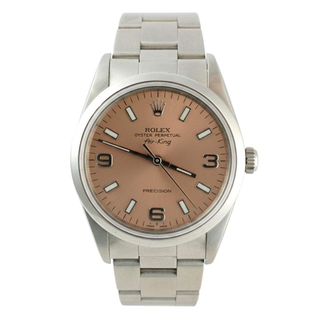Silver Rolex watch with a brown dial on a white background