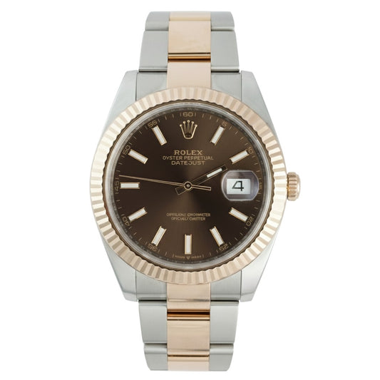 Two-tone Rolex watch with brown dial on a white background