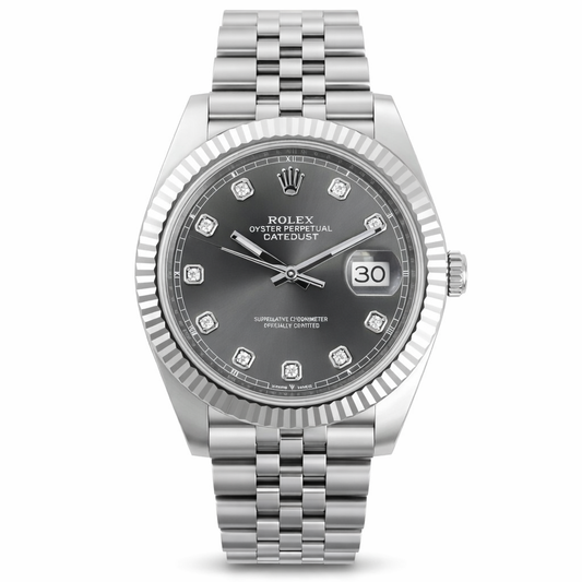 Silver Rolex watch with a dark face on a white background