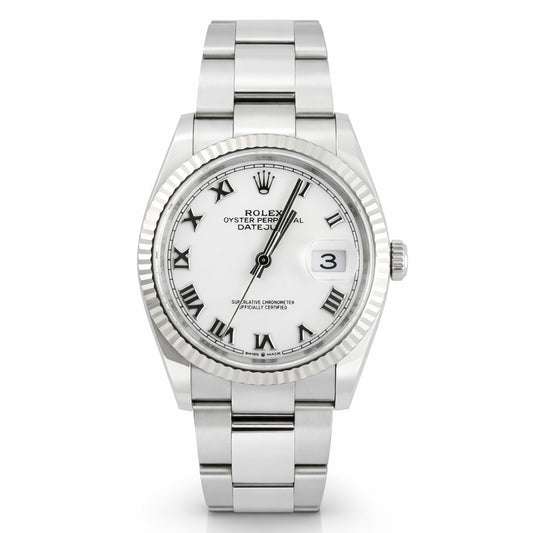 Silver watch with white face and Roman numerals on a white background