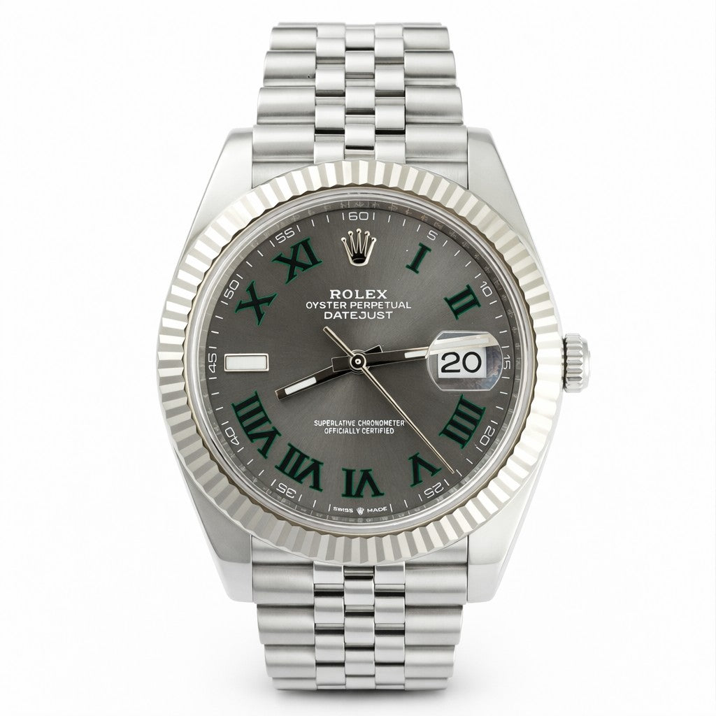 Silver Rolex watch with a dark gray dial featuring Roman numerals on a white background