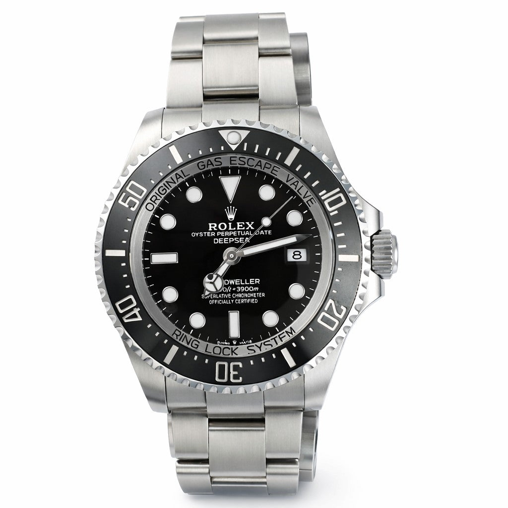 Silver Rolex watch with black dial on a white background