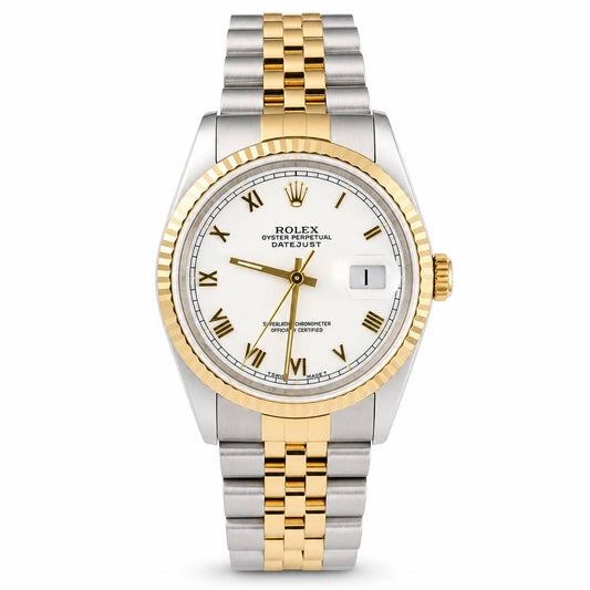 Two-tone gold and silver Rolex watch on a white background