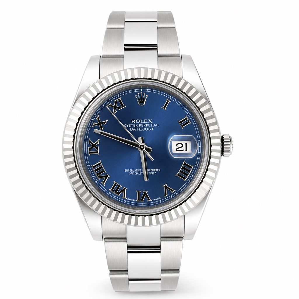 Silver watch with a blue face on a white background
