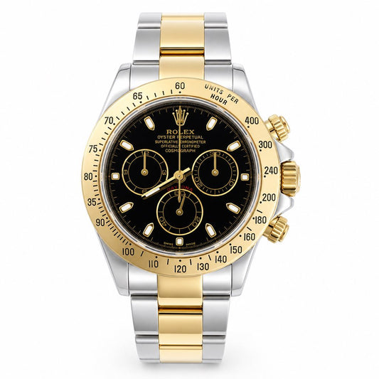 Two-tone Rolex watch with black face on a white background