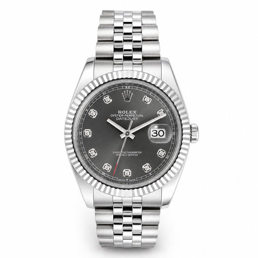 Silver watch with a dark face on a white background