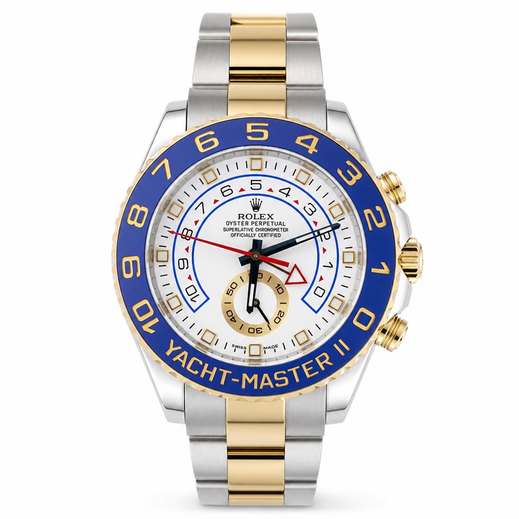 Luxury watch with blue and gold accents on a white background
