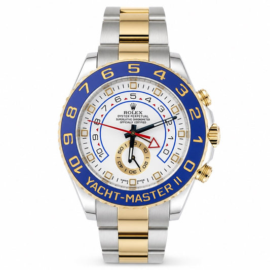 Luxury watch with blue and gold accents on a white background