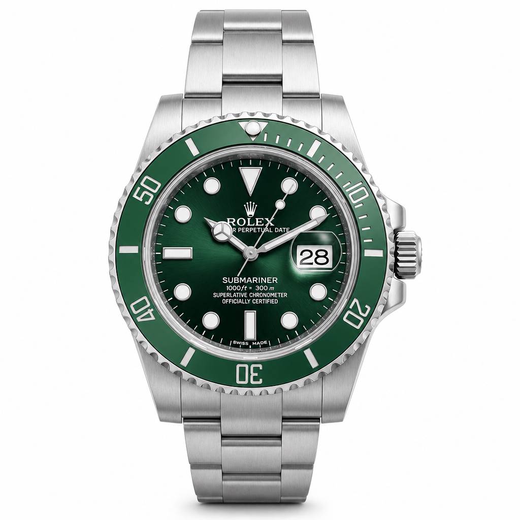 Rolex Submariner Date watch with a green dial and green bezel, featuring a silver stainless steel Oyster bracelet and case.