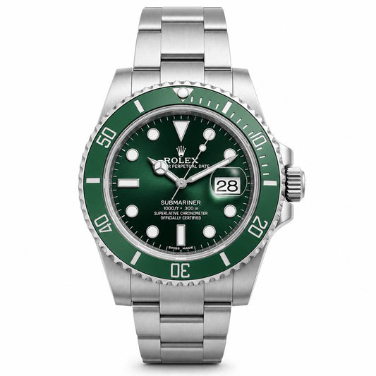 Rolex Submariner Date watch with a green dial and green bezel, featuring a silver stainless steel Oyster bracelet and case.