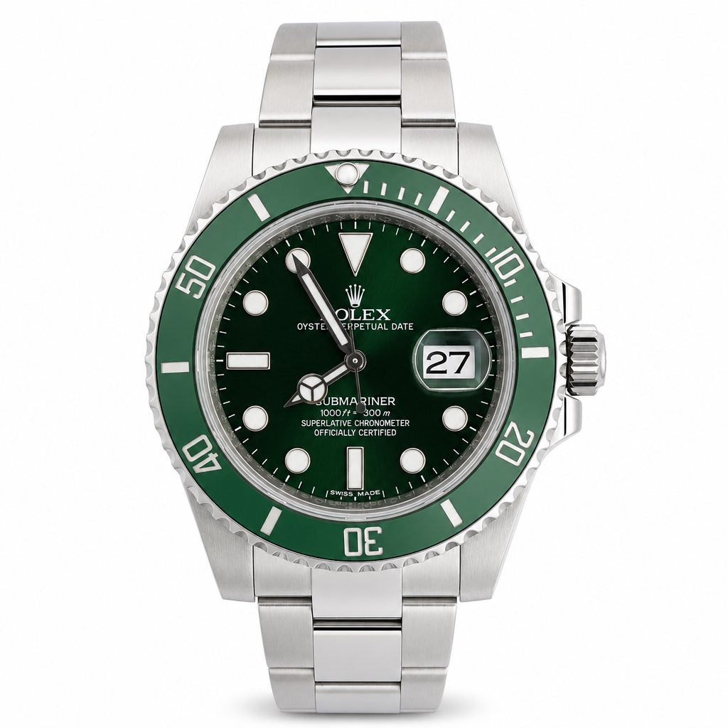 Rolex watch with green bezel and face on a white background