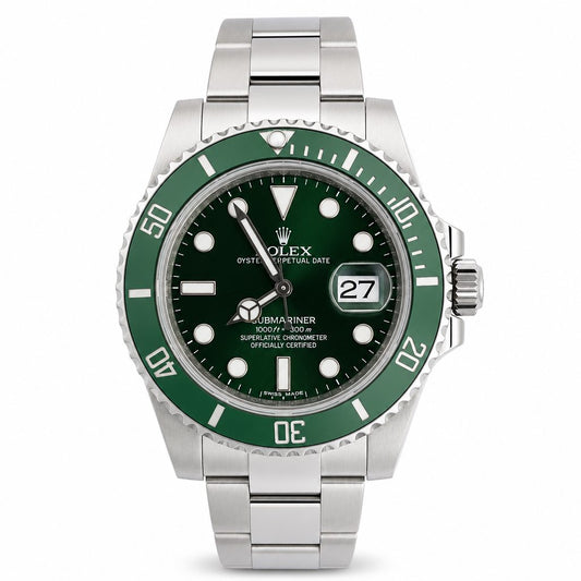 Rolex watch with green bezel and face on a white background