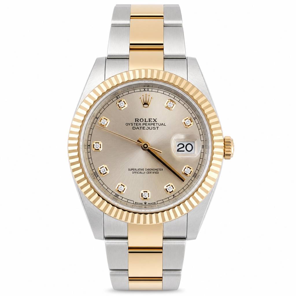 Rolex Datejust wristwatch with a two-tone stainless steel and yellow gold oyster bracelet, fluted gold bezel, champagne dial, and diamond hour markers.