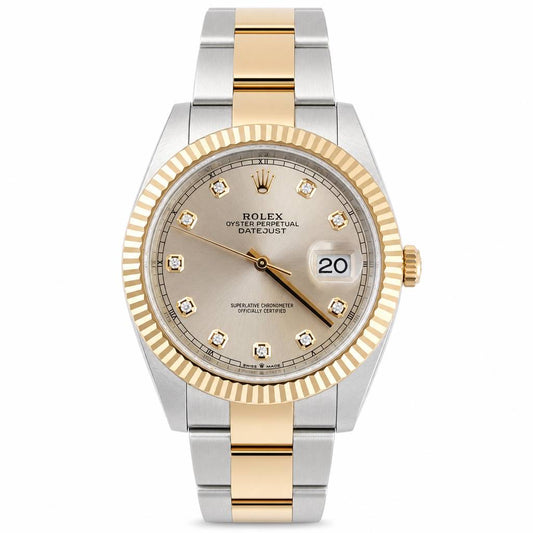Rolex Datejust wristwatch with a two-tone stainless steel and yellow gold oyster bracelet, fluted gold bezel, champagne dial, and diamond hour markers.