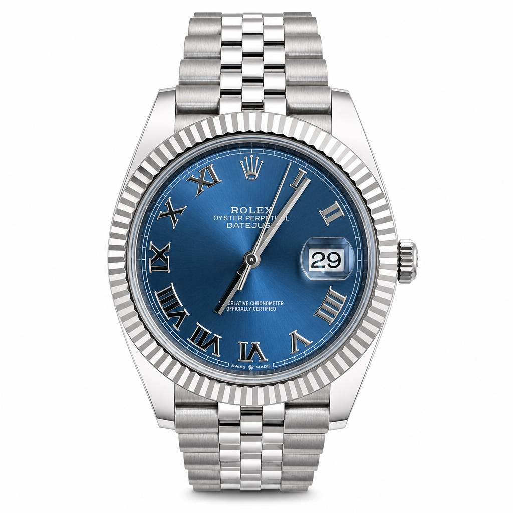 Rolex Datejust wristwatch with a blue sunburst dial, silver-tone fluted bezel, and stainless steel Oyster bracelet, shown on a white background.
