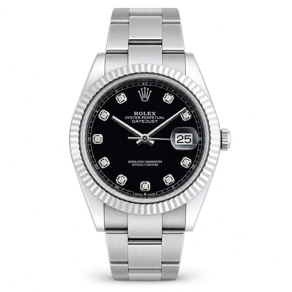 Rolex Oyster Perpetual Datejust watch with a stainless steel Oyster bracelet, fluted bezel, and a black dial with diamond hour markers and a date window showing 25.