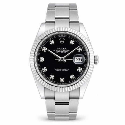 Rolex Oyster Perpetual Datejust watch with a stainless steel Oyster bracelet, fluted bezel, and a black dial with diamond hour markers and a date window showing 25.