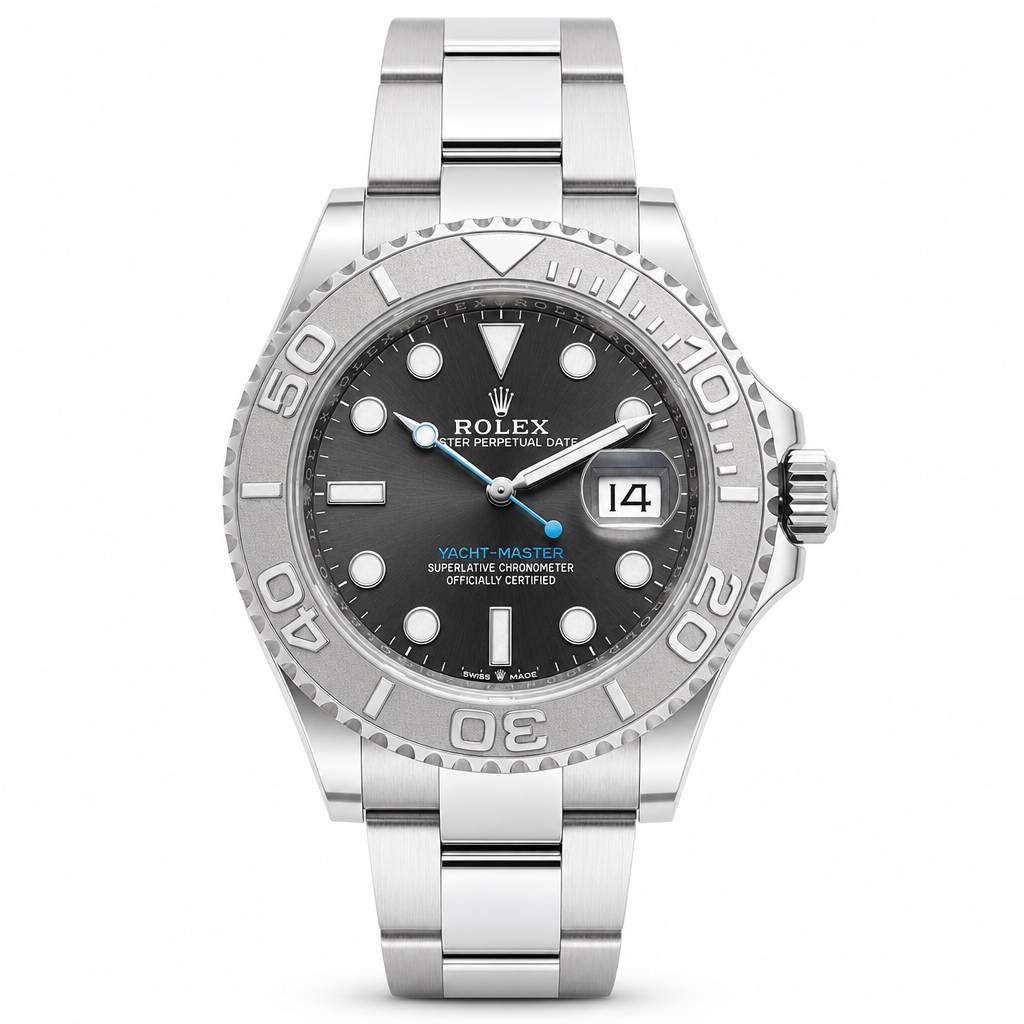 Rolex Oyster Perpetual Day-Master Moonswatch watch with a silver stainless steel case and bracelet, featuring a dark gray dial, rotating bezel, and blue hands.