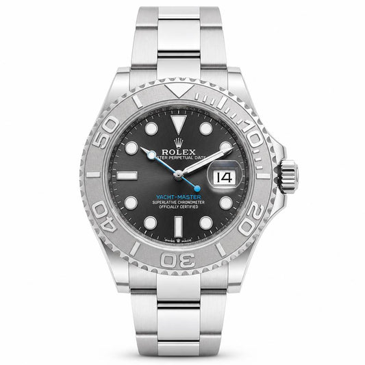 Rolex Oyster Perpetual Day-Master Moonswatch watch with a silver stainless steel case and bracelet, featuring a dark gray dial, rotating bezel, and blue hands.