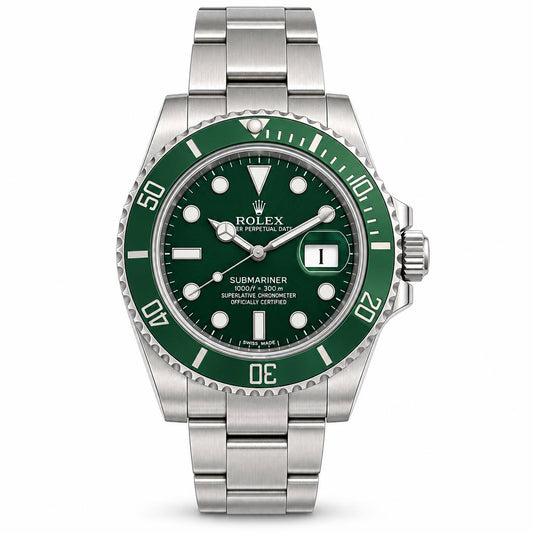 Rolex Submariner Date watch with a stainless steel Oyster bracelet, featuring a green ceramic bezel and a black dial with white indices.