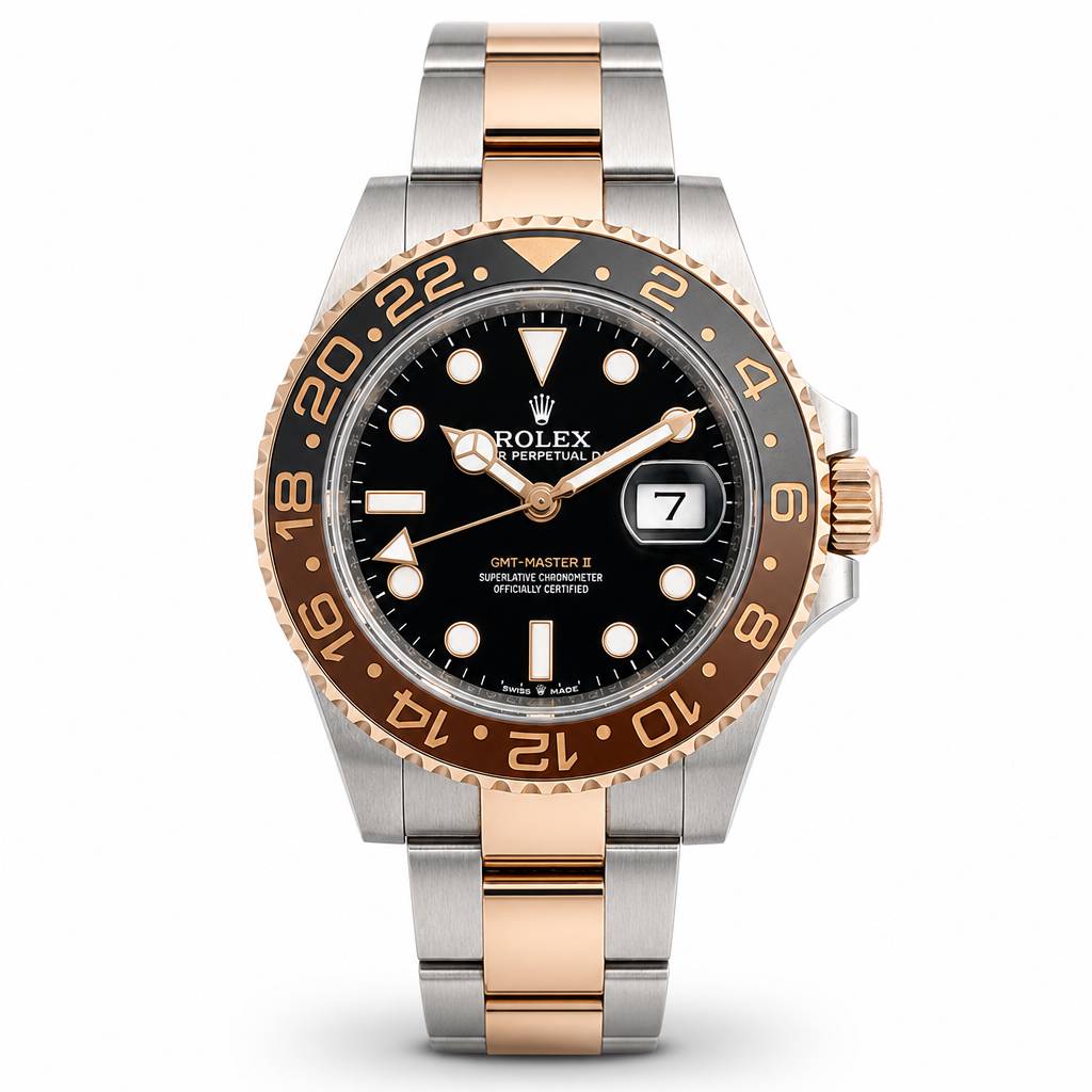 Rolex GMT-Master II watch with a two-tone stainless steel and rose gold Oyster bracelet, featuring a black dial, black and brown bezel, and date window.