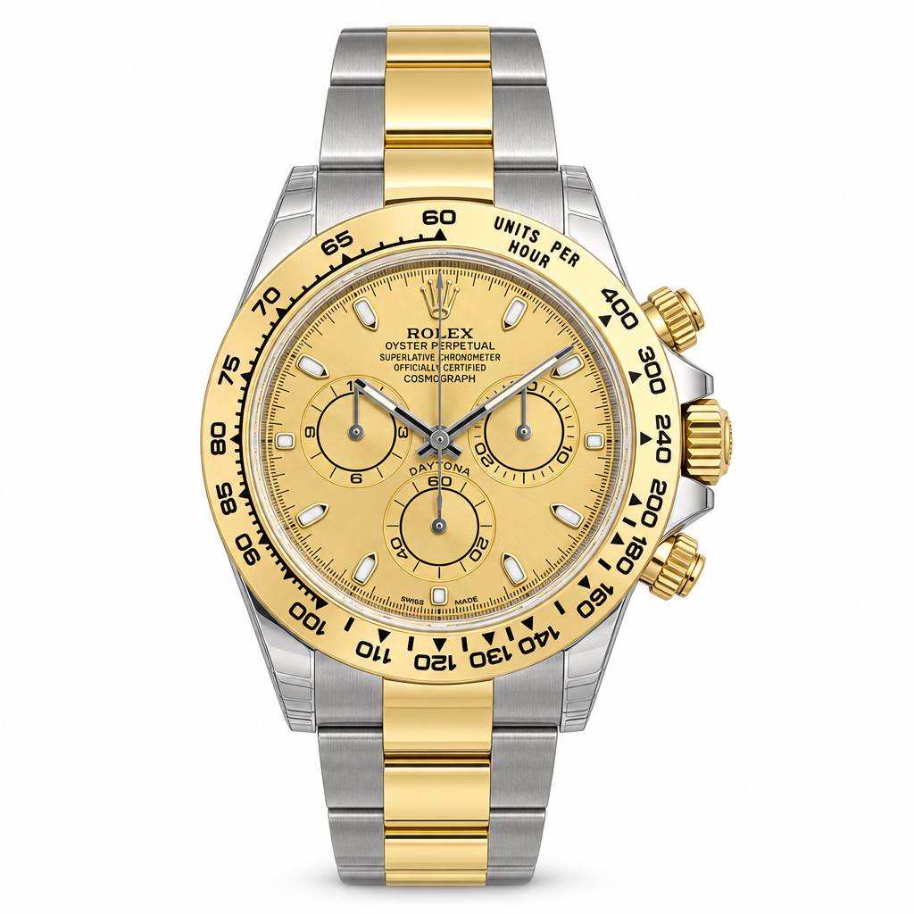 Rolex Daytona wristwatch with a two-tone stainless steel and yellow gold Oyster bracelet, featuring a gold dial and a black tachymeter bezel.