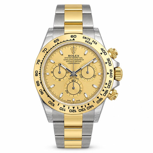 Rolex Daytona wristwatch with a two-tone stainless steel and yellow gold Oyster bracelet, featuring a gold dial and a black tachymeter bezel.
