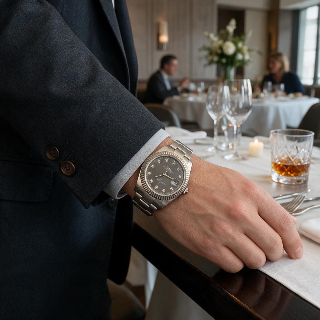 A silver-toned metal watch with a dark dial and fluted bezel worn on a man's wrist, shown in a restaurant setting with a blurred background.