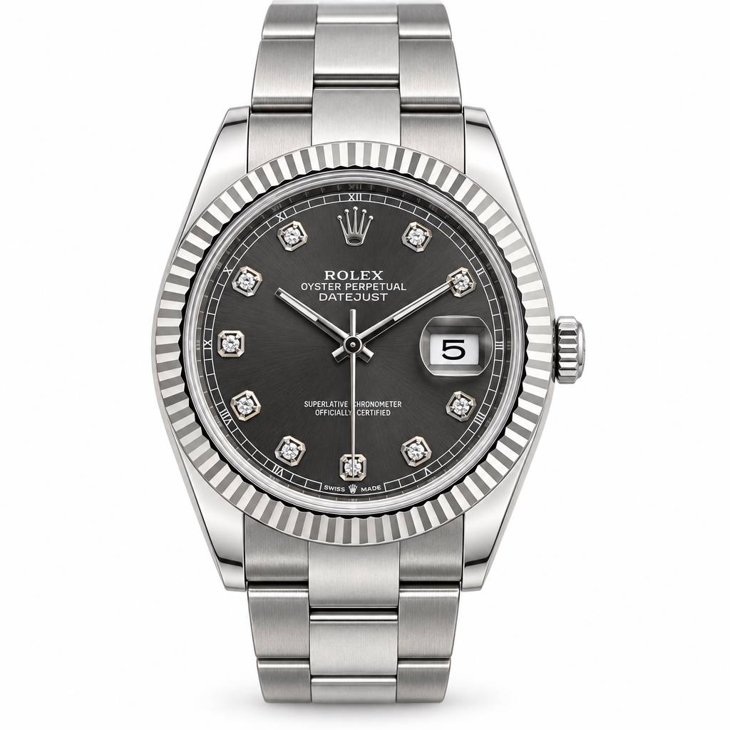 Rolex Oyster Perpetual Datejust watch with a silver stainless steel Oyster bracelet, fluted bezel, and a dark gray dial with diamond hour markers and a date window.