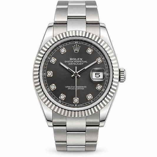 Rolex Oyster Perpetual Datejust watch with a silver stainless steel Oyster bracelet, fluted bezel, and a dark gray dial with diamond hour markers and a date window.
