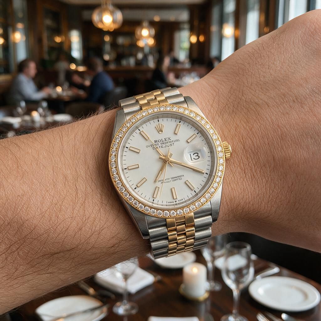 A Rolex Submariner Date watch with a yellow gold and stainless steel bracelet, a diamond-encrusted bezel, and a white dial, shown worn on a person's wrist in a blurred restaurant setting.