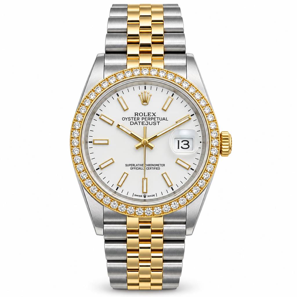 Rolex Oyster Perpetual Datejust watch with a two-tone silver and gold stainless steel and yellow gold bracelet, a diamond-encrusted bezel, and a white dial with gold markers.