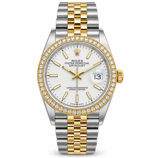 Rolex Oyster Perpetual Datejust watch with a two-tone silver and gold stainless steel and yellow gold bracelet, a diamond-encrusted bezel, and a white dial with gold markers.