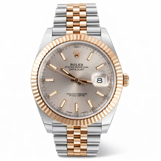 Two-tone Rolex watch with silver and rose gold band on a white background