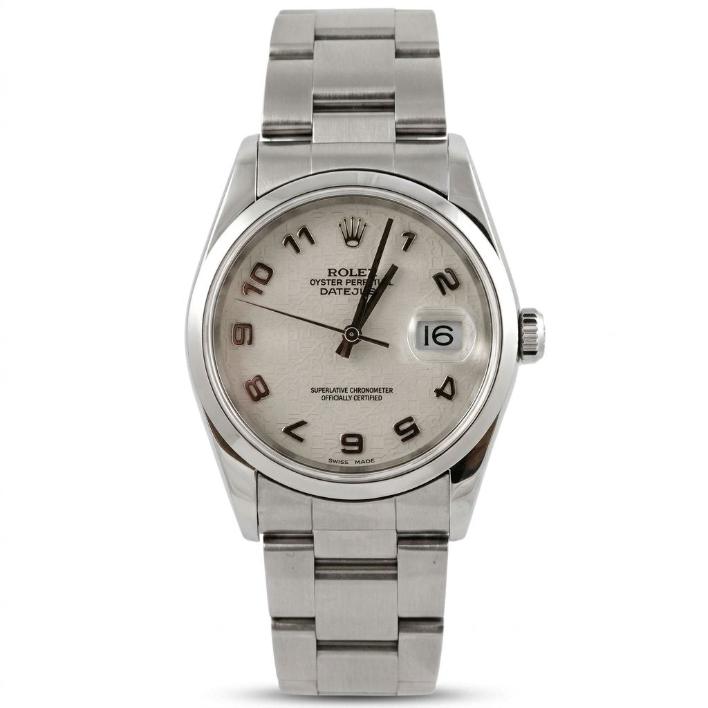 Rolex Oyster Perpetual Datejust stainless steel watch with a silver dial and Oyster bracelet, shown on a white background.